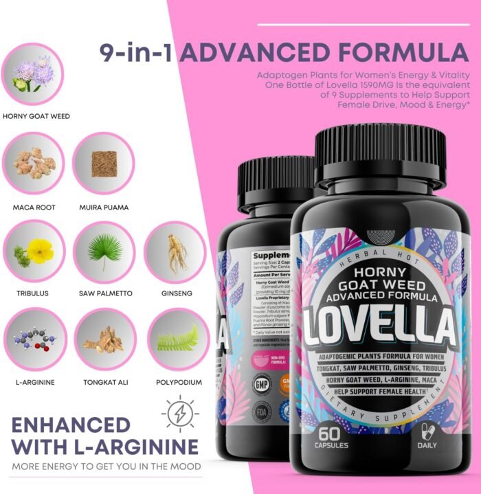 Hornygoatweed Women - Libido Booster for Women, Mood, Energy & Hormone Balance for Women w. Maca Root - Female Libido Booster w. Ginseng - Libido Supplement for Women w. Tribulus terrestris -60ct USA - Image 2