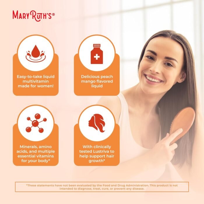 MaryRuth Organics Liquid Multivitamin Lustriva® Hair Growth for Women| Biotin 10000mcg | Vitamin D, B |Clinically Tested for Thicker Hair, Wrinkles, Fine Lines, Skin Care| Ages 18 | 15.22 Fl Oz - Image 6