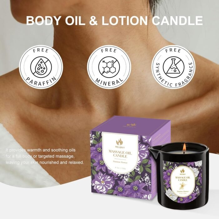 MELONY Massage Oil Candles, Essential Oil Candle Lotion, 8.1OZ/230g, Home Spa with Luxurious Body Oil, Intensive Skin Treatment Candle, Low Temp Body Safe Wax (Passion Flower) - Image 3
