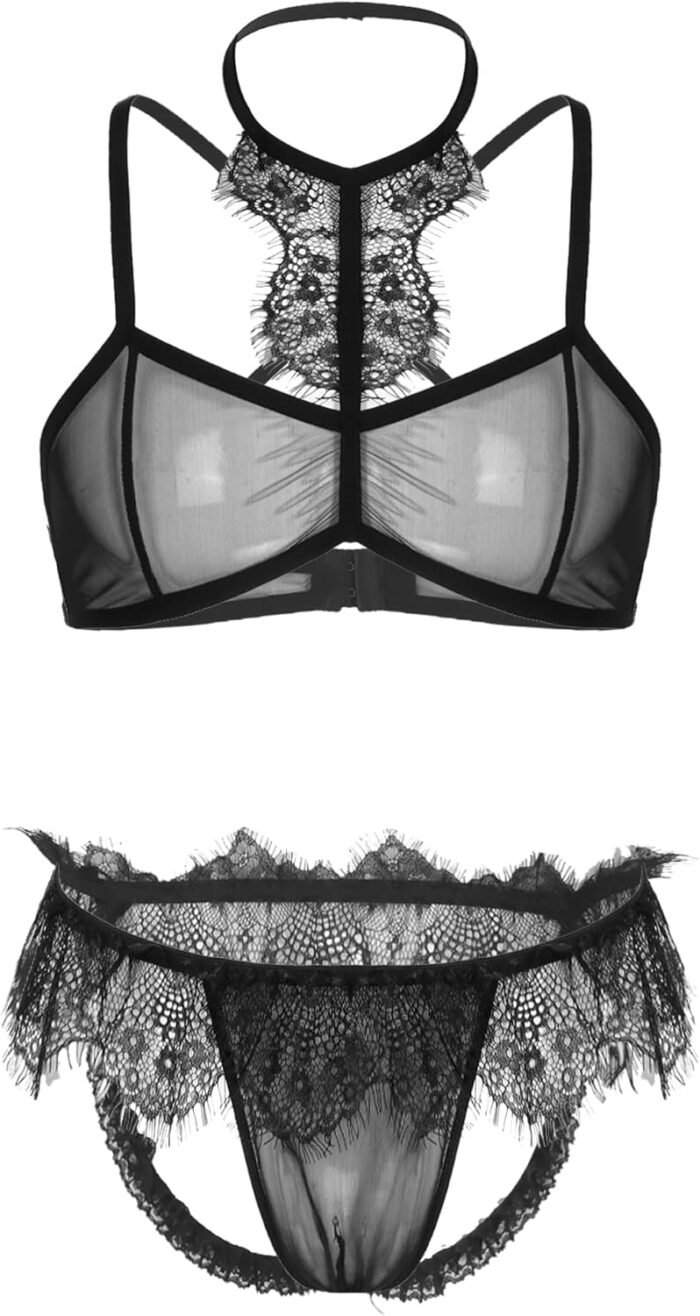 YiZYiF Men's Adult Sissy Bra Top Jockstrap Micro Thong 2 Pieces Lingerie Set Nightwear