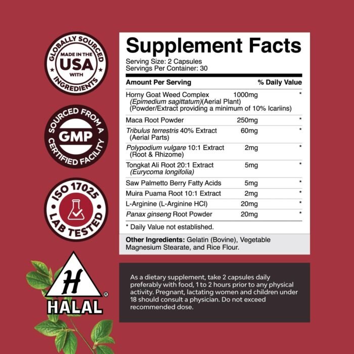 Horny Goat Weed for Men Enhancement - Extra Strength Male Enhancing Supplement with Black Maca Root, Tongkat Ali, Saw Palmetto & Panax Ginseng Extract for Stamina & Energy - 60 Capsules - Image 3