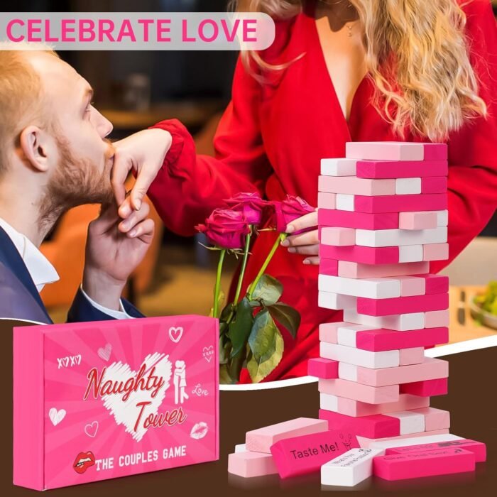 Lust Tower Couples Game for Adults, 54pcs Pink Wooden Blocks with 6 DIY Naughty Challenges, Romantic Stacking Tower for Date Night Ideas, Valentine, Wedding, Fun Couple Gift for Him, Her, Lovers - Image 5