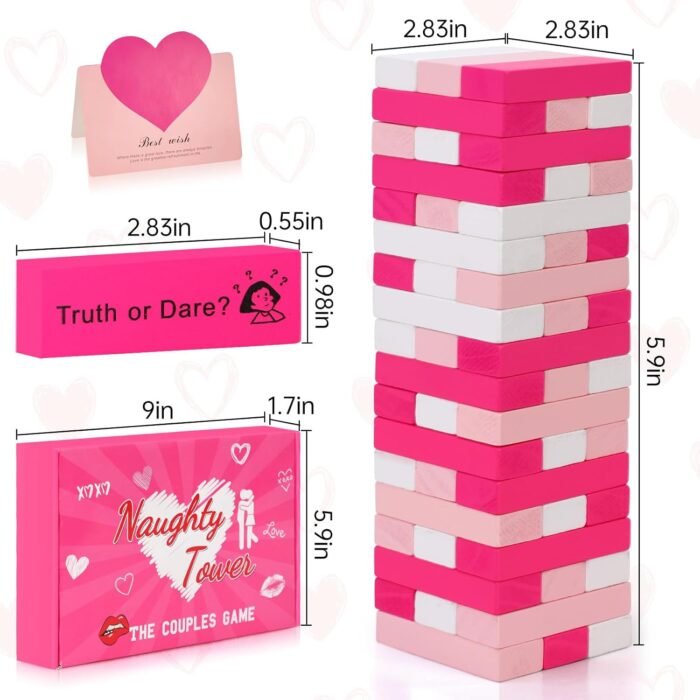 Lust Tower Couples Game for Adults, 54pcs Pink Wooden Blocks with 6 DIY Naughty Challenges, Romantic Stacking Tower for Date Night Ideas, Valentine, Wedding, Fun Couple Gift for Him, Her, Lovers - Image 3