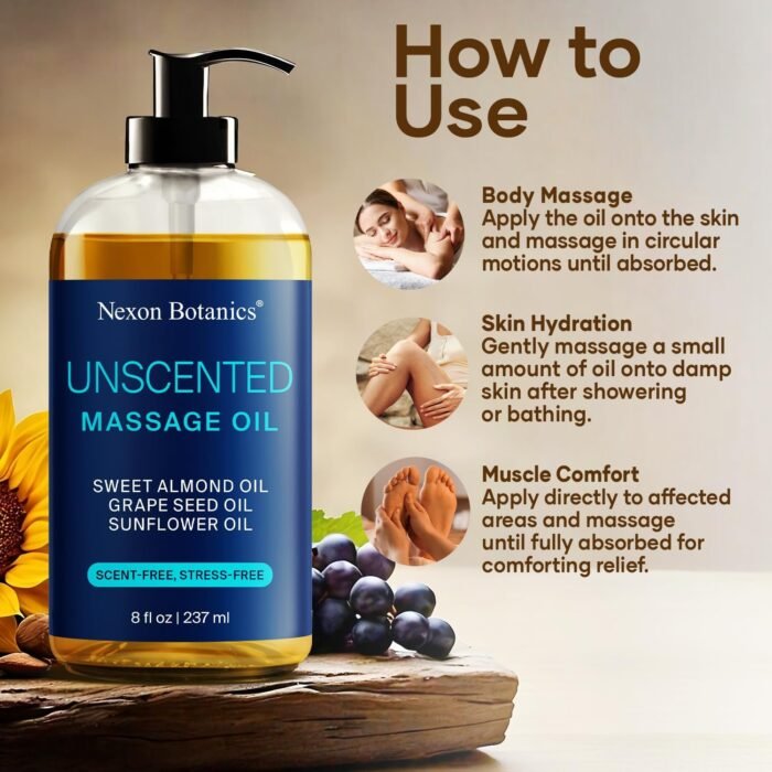 Unscented Massage Oil 8 fl oz - Hydrating Body Oil for Sensitive Skin & Muscle Relief - with Sweet Almond, Grape Seed & Sunflower Oils - Nexon Botanics - Image 3