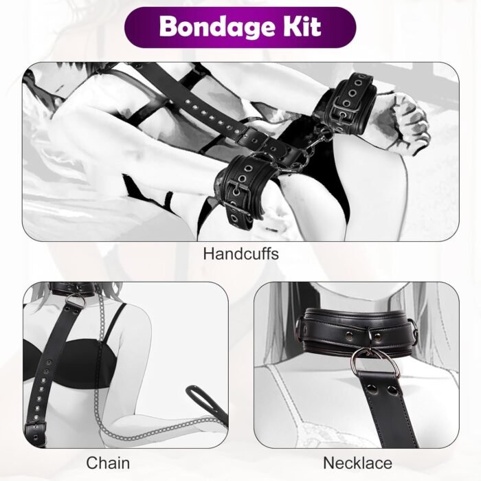 BDSM Bondage Sex Restraints Set Couples Sex Toys, Neck to Wrist Restraints Kit with Traction Chain Back Sex Handcuffs Collar Adjustable Bondage Gear Accessories SM Sexy Slave Beginner Role Play Toy - Image 2