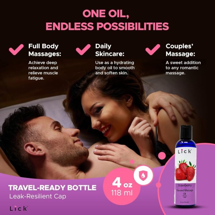 Lick Strawberry Flavored Massage Oil with Natural Vitamin E - Aromatherapy & Moisturizing Body Oil for Relaxing Muscle Massage - Essential Non-Sticky Skin Therapy for Men and Women - 4 oz - Image 3
