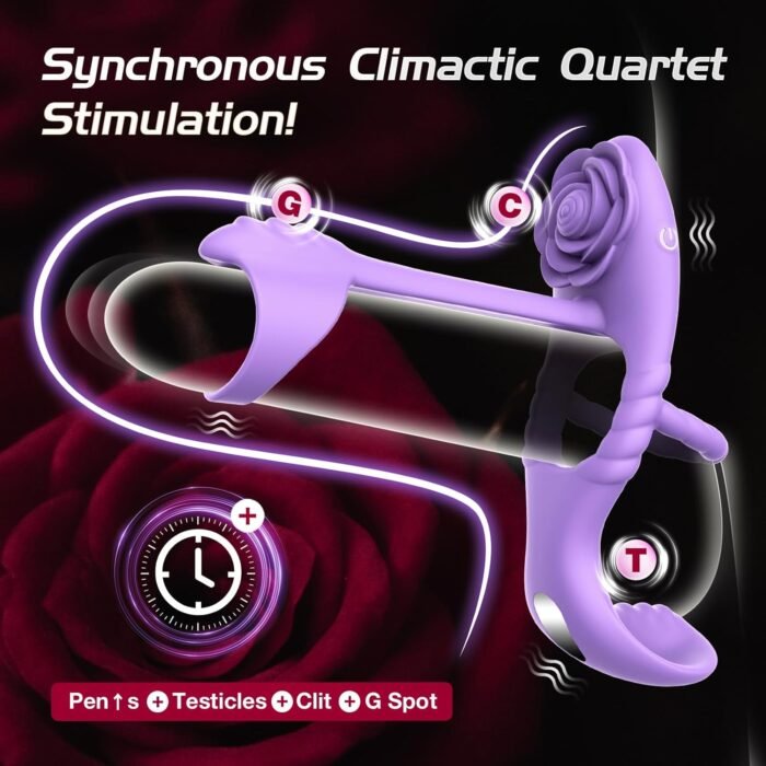 Vibrating Cock Ring Vibrator for Couples, Erection Penis Ring Sex Toys with Rose Clitoral Stimulator, Male Sex Toy with 10 Vibrations for Penis Testicles Stimulation, 4 in 1 Adult Toy for Men Women - Image 2