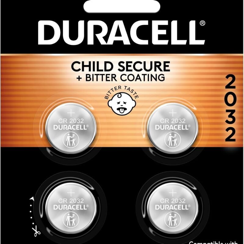 Duracell 2032 Lithium Battery. 4 Count Pack. Child Safety Features. Compatible with Apple AirTag, Key Fob, and other devices. CR2032 Lithium 3V Cell. 2032 Battery, Lithium Coin Battery