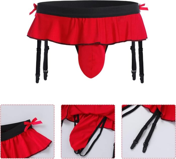 ABAFIP Men's Sissy Skirted Thong Panties Bowknot Low Rise G-string Bikini Briefs Underwear with 4 Gaters Belt - Image 2