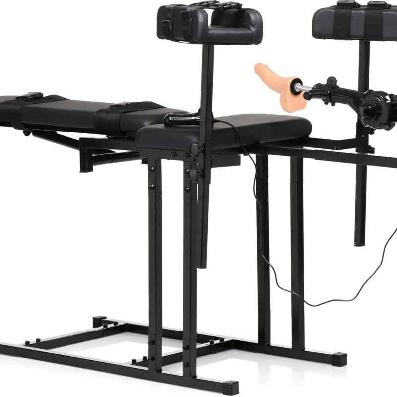 MASTER SERIES Ultimate Fully Adjustable Obedience Chair with Sex Machine Included for Men Women & Couples, Durable Frame D-Rings & Quick Release Straps, 4 Piece Set - Black