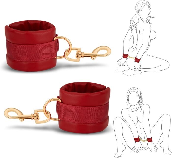 BDSM Bondage Restraints Sex Toys - Adjustable Soft Leather Handcuffs Ankle Cuffs Adult Toy, Furniture Restraint Kit for Men Women Couples SM Game Play | Red