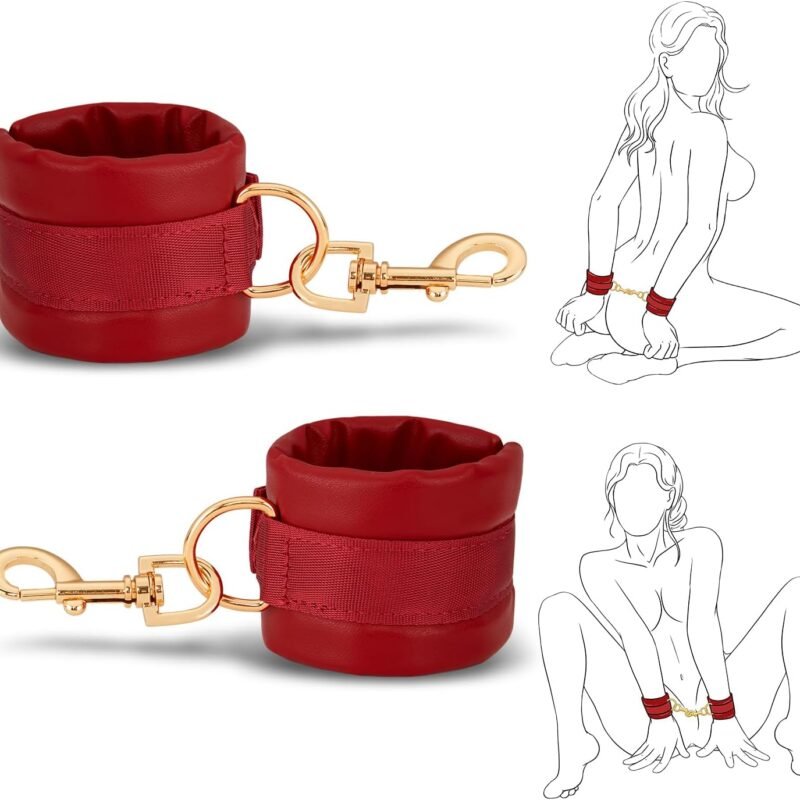 BDSM Bondage Restraints Sex Toys - Adjustable Soft Leather Handcuffs Ankle Cuffs Adult Toy, Furniture Restraint Kit for Men Women Couples SM Game Play | Red