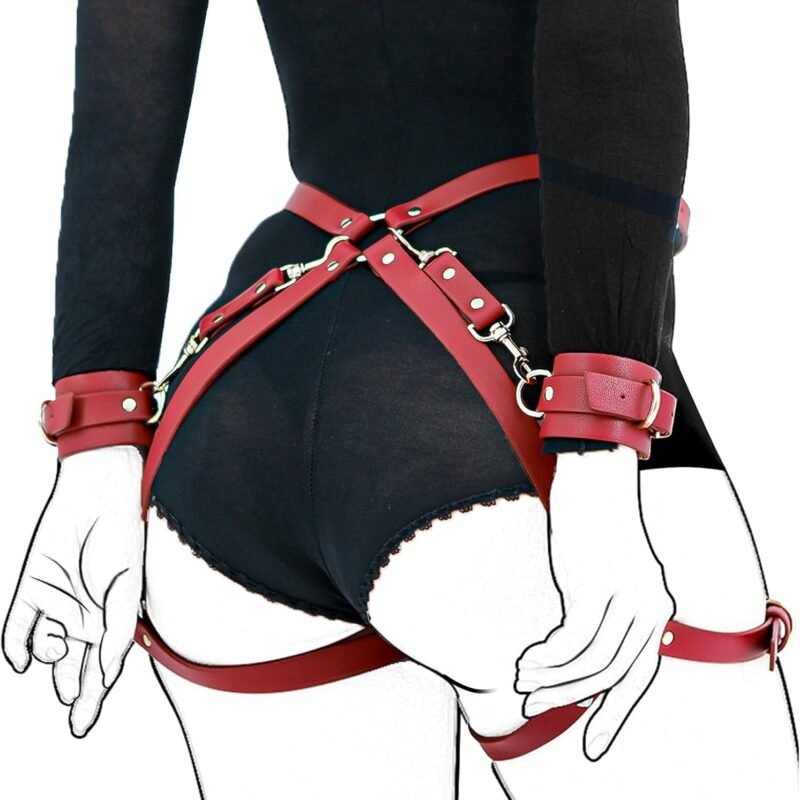 Sex Bondage BDSM Kit Restraints,Xocity Adjustable 2 Handcuffs Ankle＆2 Thigh Cuffs Cross Waist Strap,Adult SM Games Sex Toys for Women and Couple