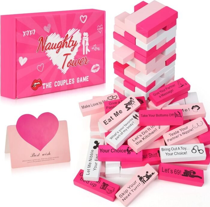 Lust Tower Couples Game for Adults, 54pcs Pink Wooden Blocks with 6 DIY Naughty Challenges, Romantic Stacking Tower for Date Night Ideas, Valentine, Wedding, Fun Couple Gift for Him, Her, Lovers