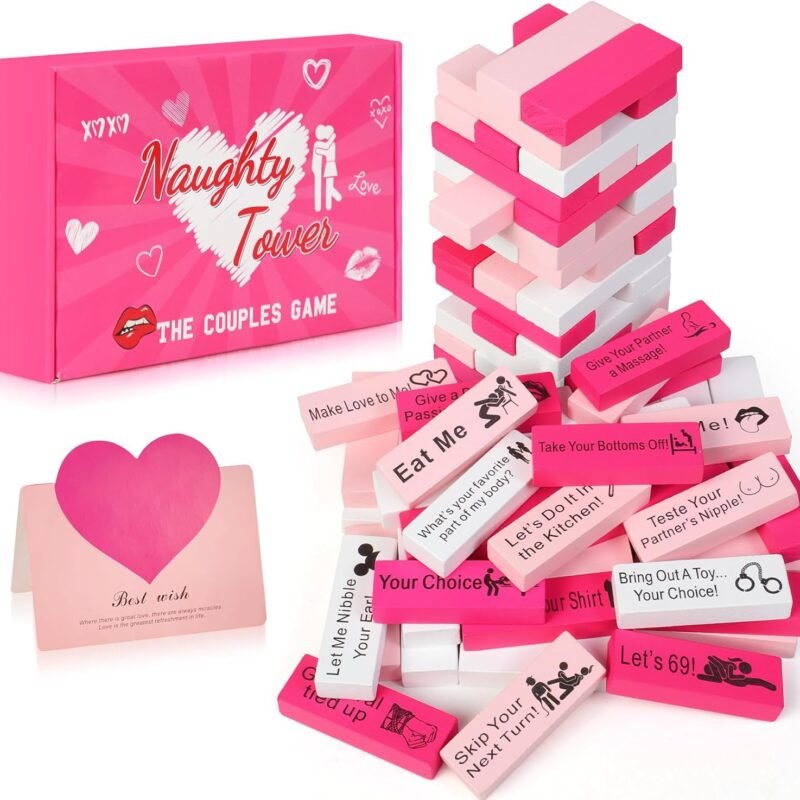 Lust Tower Couples Game for Adults, 54pcs Pink Wooden Blocks with 6 DIY Naughty Challenges, Romantic Stacking Tower for Date Night Ideas, Valentine, Wedding, Fun Couple Gift for Him, Her, Lovers