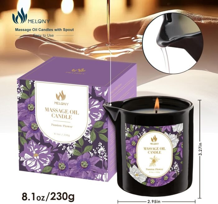 MELONY Massage Oil Candles, Essential Oil Candle Lotion, 8.1OZ/230g, Home Spa with Luxurious Body Oil, Intensive Skin Treatment Candle, Low Temp Body Safe Wax (Passion Flower) - Image 6