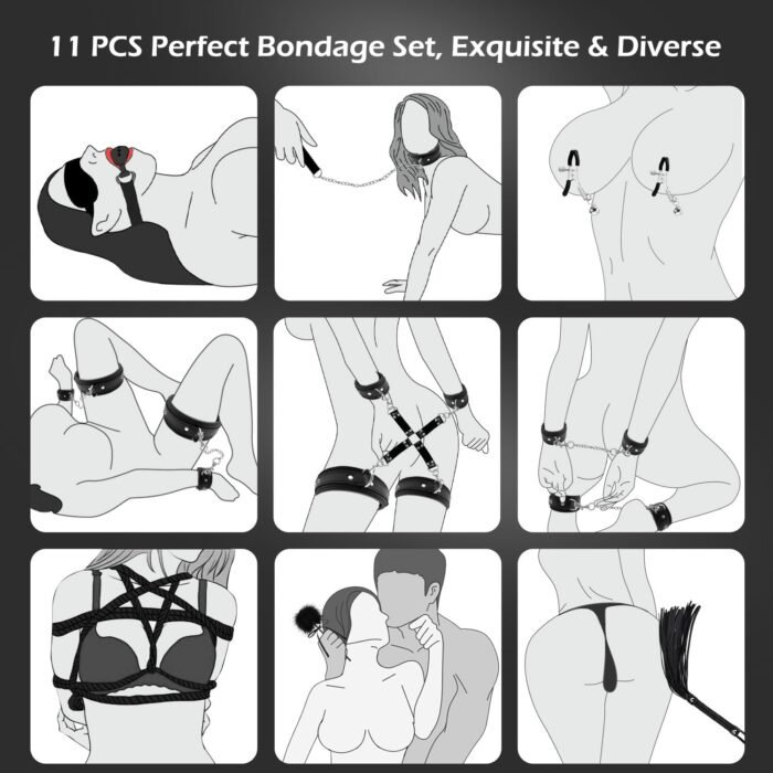 BDSM Kit Sex Restraints, 11 PCS Bondage Set Couple Sex Toy with Adjustable Ankle Thigh Cuffs Handcuffs, Thick Leather Material BDSM Toys for Couples Kinky - Image 7