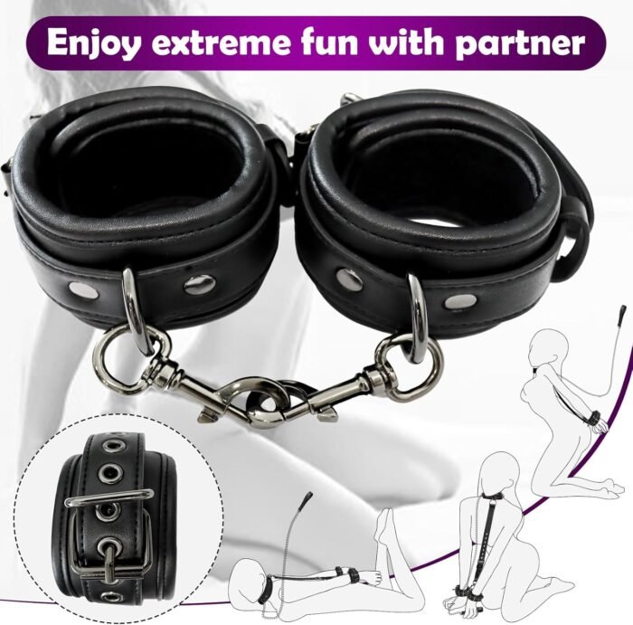 BDSM Bondage Sex Restraints Set Couples Sex Toys, Neck to Wrist Restraints Kit with Traction Chain Back Sex Handcuffs Collar Adjustable Bondage Gear Accessories SM Sexy Slave Beginner Role Play Toy - Image 4