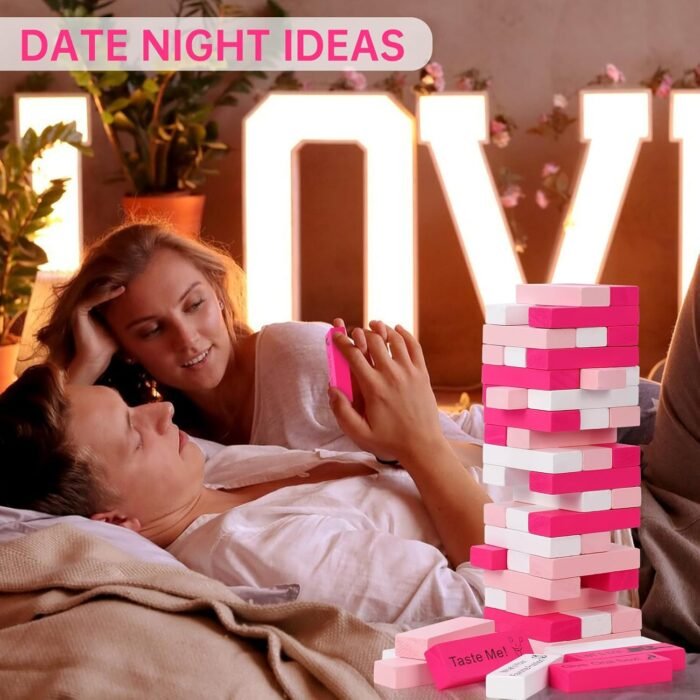 Lust Tower Couples Game for Adults, 54pcs Pink Wooden Blocks with 6 DIY Naughty Challenges, Romantic Stacking Tower for Date Night Ideas, Valentine, Wedding, Fun Couple Gift for Him, Her, Lovers - Image 4