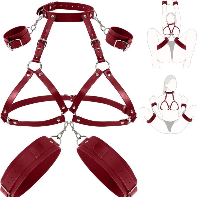 BDSM Sex Bondage Breast Restraints Thigh Sling, Leather Neck to Thigh Chest Restraints Harness Bed Restraints, Wrist & Thigh Cuffs Kinky Lingerie Bra, SM Games Sex Toys for Women & Couples (Red)