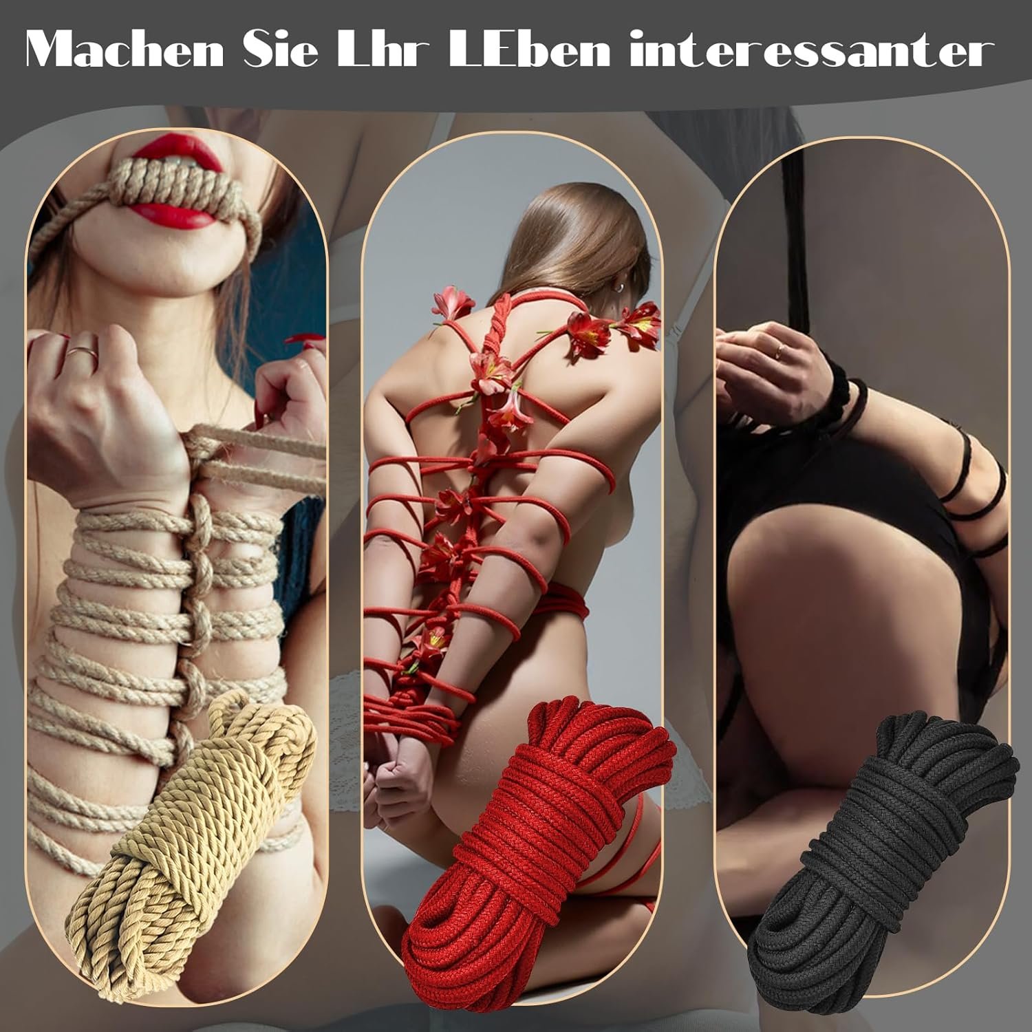 Prosixtoy BDSM Shibari Bondage Rope Restraint Kit for Sex - 3-Pack 49Ft/15M Soft Cotton Ropes SM Slave Fetish Tie-Ups Restraint Kit, Adult Sex Toys BDSM Toys, Red&Black&Yellow - Image 4