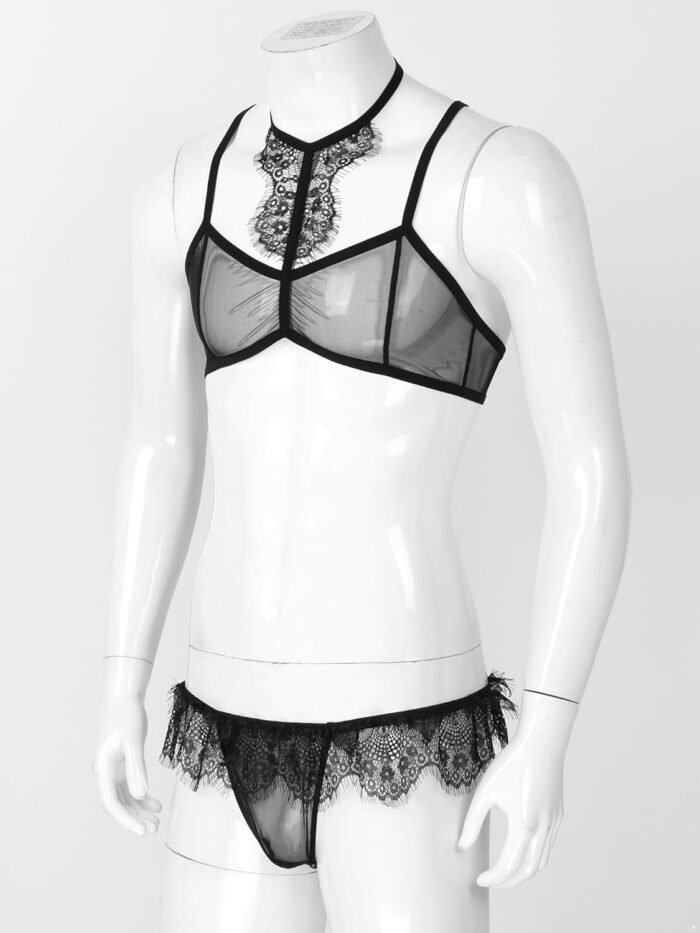 YiZYiF Men's Adult Sissy Bra Top Jockstrap Micro Thong 2 Pieces Lingerie Set Nightwear - Image 4