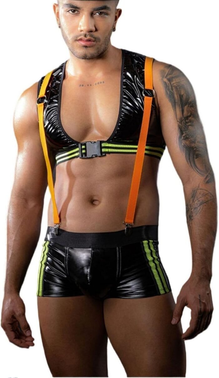 Mens Fireman Cosplay Costume Tuxedo Sexy Lingerie Set Role Play Uniform Gay Bar Nightclub Outfit