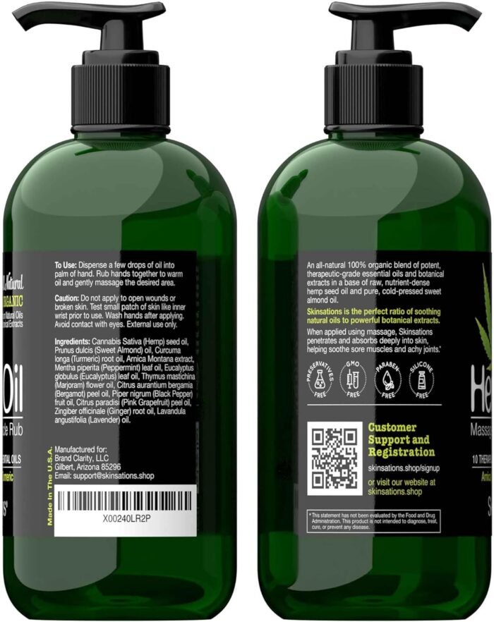 Skinsations – Hemp Massage Oil & Sore Muscle Rub | 100% Organic, 10 Essential Oils for Natural Relief, Arnica, Turmeric, Peppermint, Lavender in a Sweet Almond Oil and Hemp Seed Oil Base - Image 6