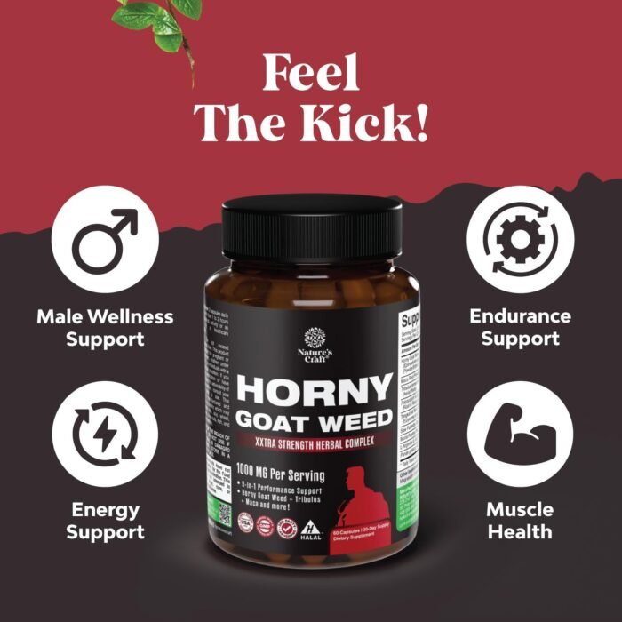 Horny Goat Weed for Men Enhancement - Extra Strength Male Enhancing Supplement with Black Maca Root, Tongkat Ali, Saw Palmetto & Panax Ginseng Extract for Stamina & Energy - 60 Capsules - Image 8