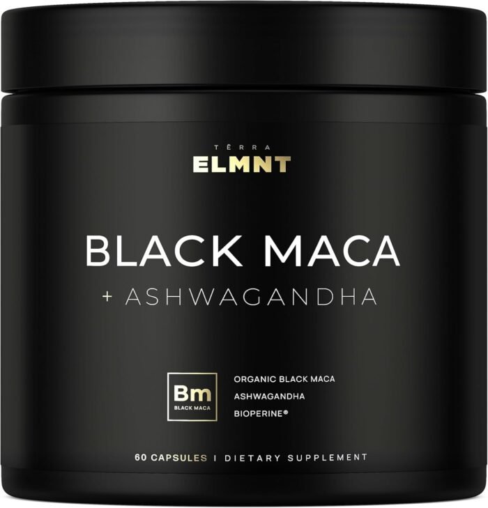 ELMNT 40,000mg 40x Strength Organic Black Maca Root + Ashwagandha - #1 Highest Potency Black Maca Root Capsules for Men Supplement 100% Pure Maca Peruana 40:1 Extract Maca Powder Pills Male Booster