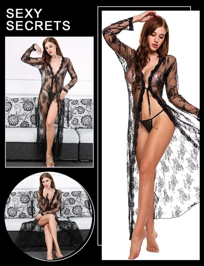 Lingerie for Women Sexy Long Lace Dress Sheer Gown See Through Kimono Robe - Image 2