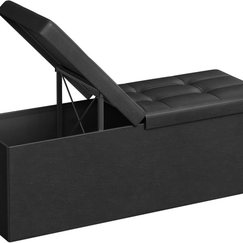 SONGMICS 43 Inches Folding Storage Ottoman Bench with Flipping Lid, Storage Chest Footrest Padded Seat with Iron Frame Support, Black ULSF75BK