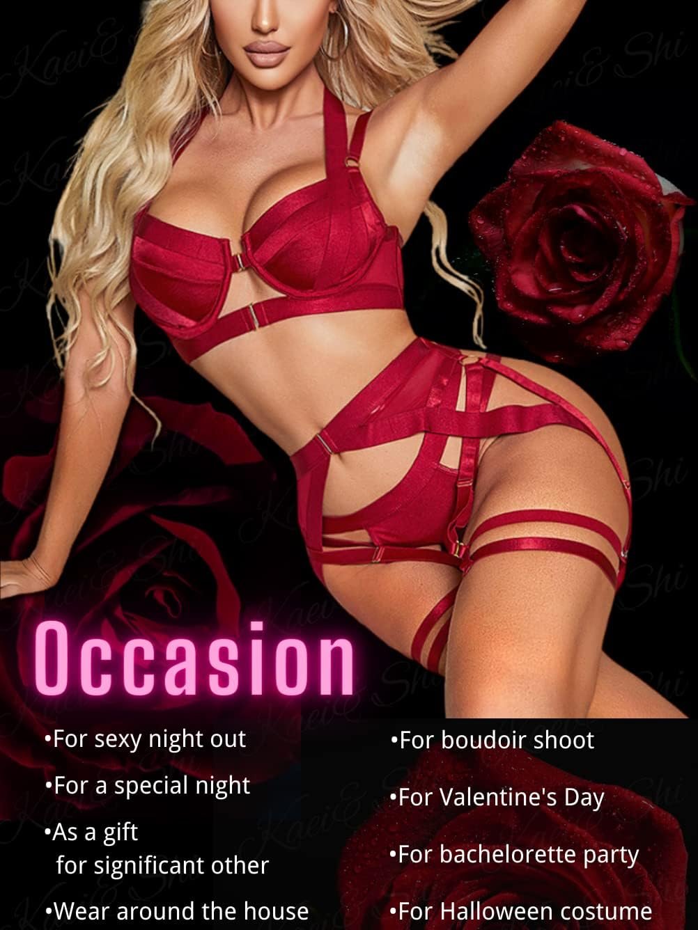 Kaei&Shi Strappy Harness, All Adjustable, Underwire Racerback, 4pc Garter Set - Image 7