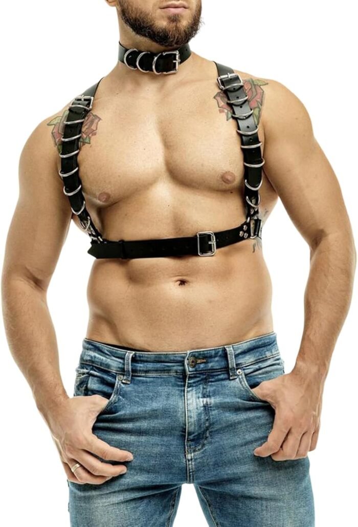 Men's Harness Belt Costume with Leather Bandage Collar, PU Leather Body Chest for Men, Sexy Punk Body Harness Belt, Adjustable Buckle Clothes Outfits, Nightclub Cosplay Clubwear - Image 4