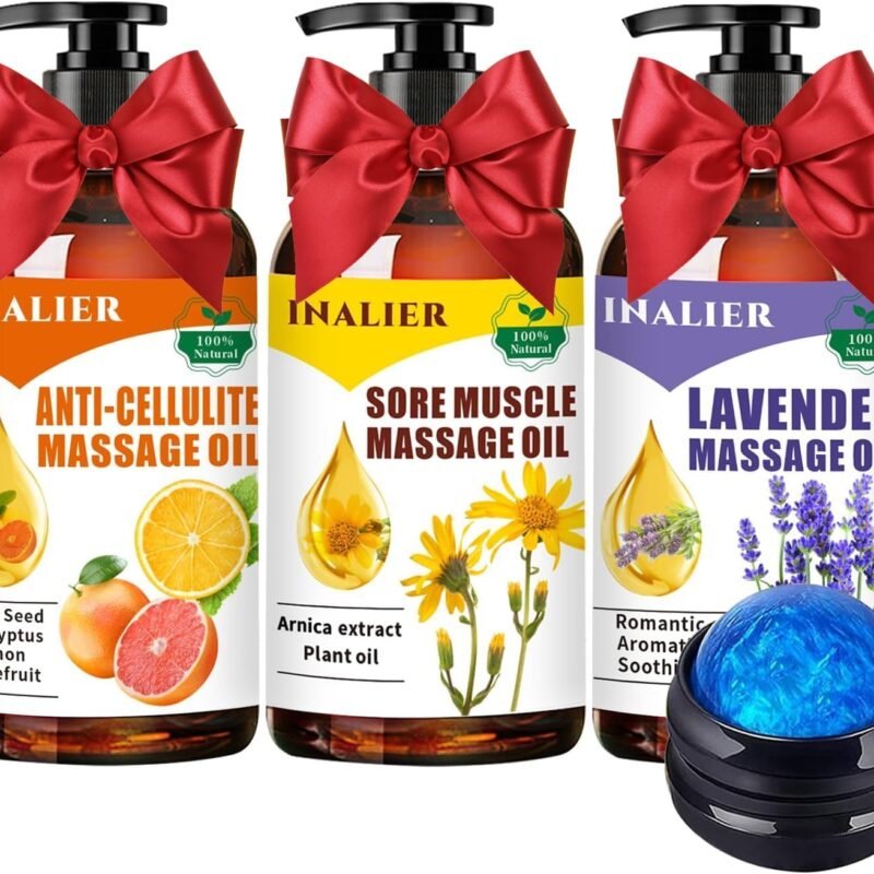Massage Oils for Date Night,Mothers Day Gifts for Wife,Fathers Day Gift,Spa Gift Set for Sore Muscle,3 Pack Cellulite,Sore Muscle & Lavender Massage Oils for Massage Therapy with Massage Ball