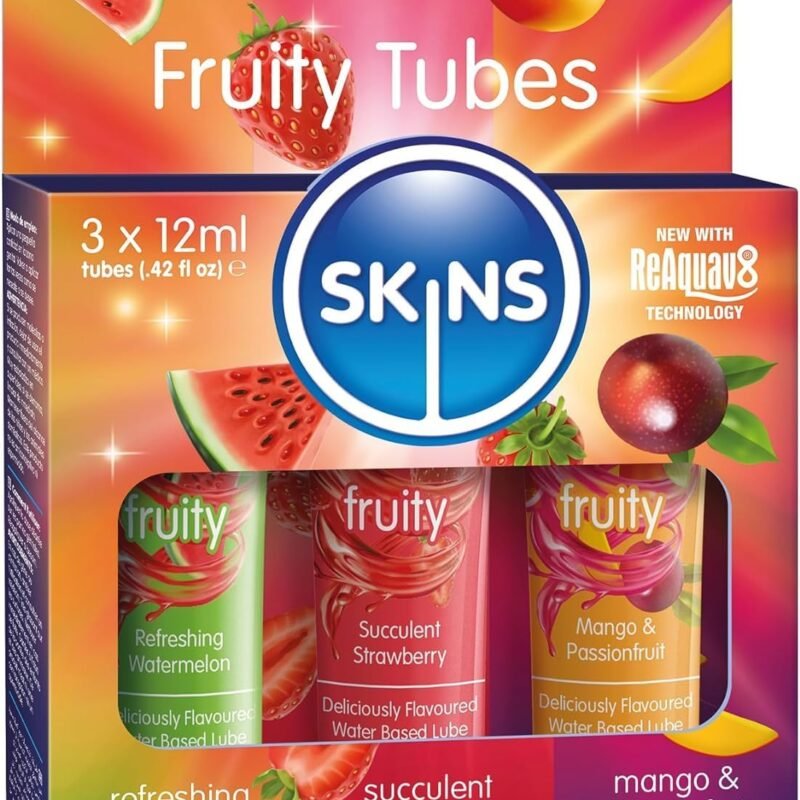 SKINS Flavored Lube Set - 3 Flavored Water Based Lubes - Fruity Edible Lubricant & Licks - Watermelon, Strawberry and Mango & Passionfruit Flavored Lube for Oral Pleasure & Intercourse