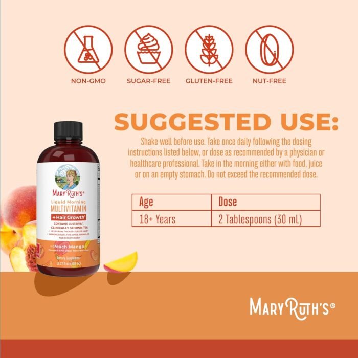 MaryRuth Organics Liquid Multivitamin Lustriva® Hair Growth for Women| Biotin 10000mcg | Vitamin D, B |Clinically Tested for Thicker Hair, Wrinkles, Fine Lines, Skin Care| Ages 18 | 15.22 Fl Oz - Image 3