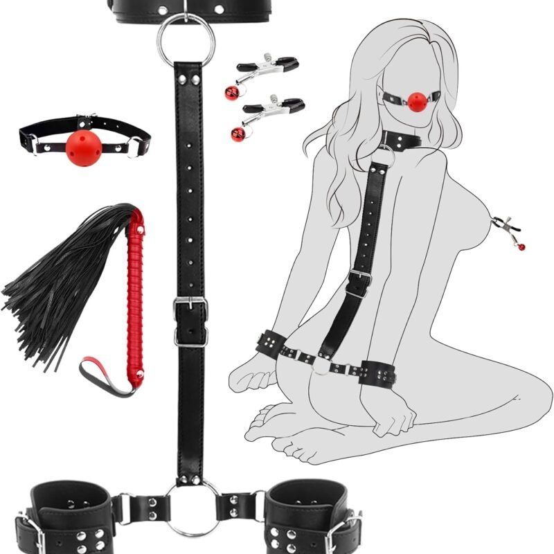 Bondage Neck to Wrist Restraints Sex Toys, BDSM Couple Handcuffs Collar Adjustable with Nipple Clamps Ball Gag Sex Whip, Sex Bondage Set Adult Toys for Couples