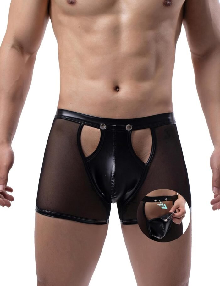comeondear Mens Underwear Lingerie for Men Shorts Pants with Removable Pouch See Through Lace Boxer Briefs Erotic Clubwear
