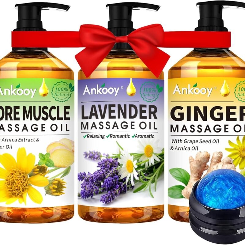 Mothers Day Gifts for Wife-3 Pack Massage Oil for Massage Therapy,Sore Muscle Arnica Oil & Lavender Oil Massage Oil for Date Night & Ginger Oil Lymphatic Drainage & Massage Ball Spa Gifts for Him Her