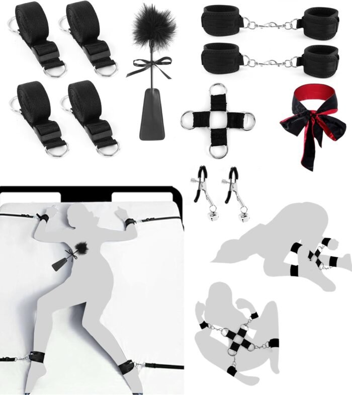 Sex Bondage Restraints BDSM Toys Set 13PCS, Bed Restraints BDSM Kit incl Sex Straps Cuffs Paddle Blindfold Nipple Clamps, Bondage Gear & Accessories Adult Couples Sex Toys for Men Women Sex Games