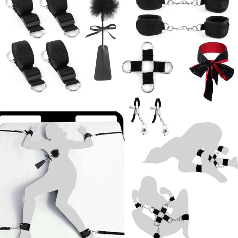 Sex Bondage Restraints BDSM Toys Set 13PCS, Bed Restraints BDSM Kit incl Sex Straps Cuffs Paddle Blindfold Nipple Clamps, Bondage Gear & Accessories Adult Couples Sex Toys for Men Women Sex Games