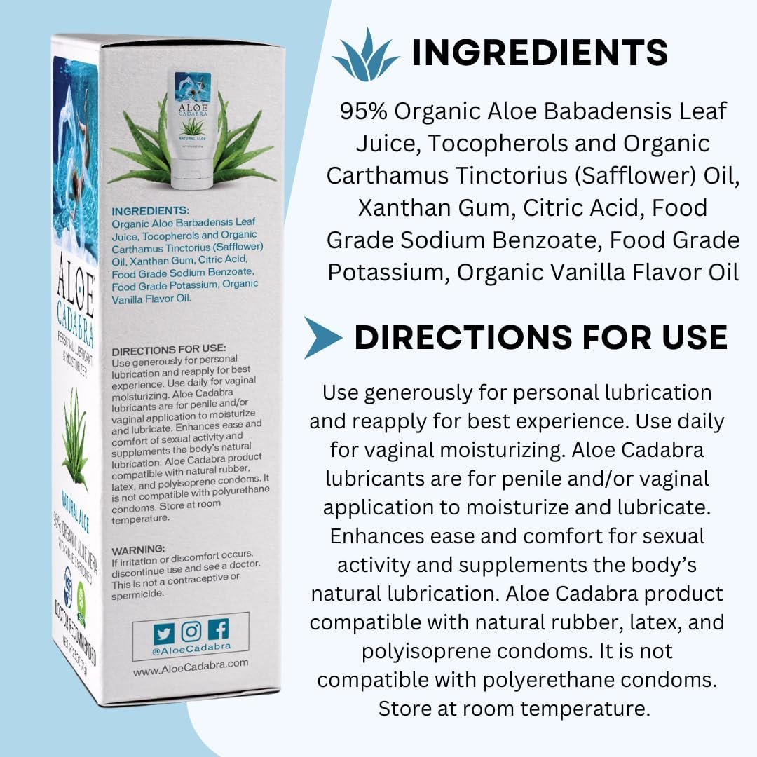 Aloe Cadabra Natural Water Based Personal Lubricant and Vaginal Moisturizer, Organic Aloe Lube for Men, Women and Couples, Non-Staining, pH Balanced (Unscented 2.5 Ounces, 1 Pack) - Image 3