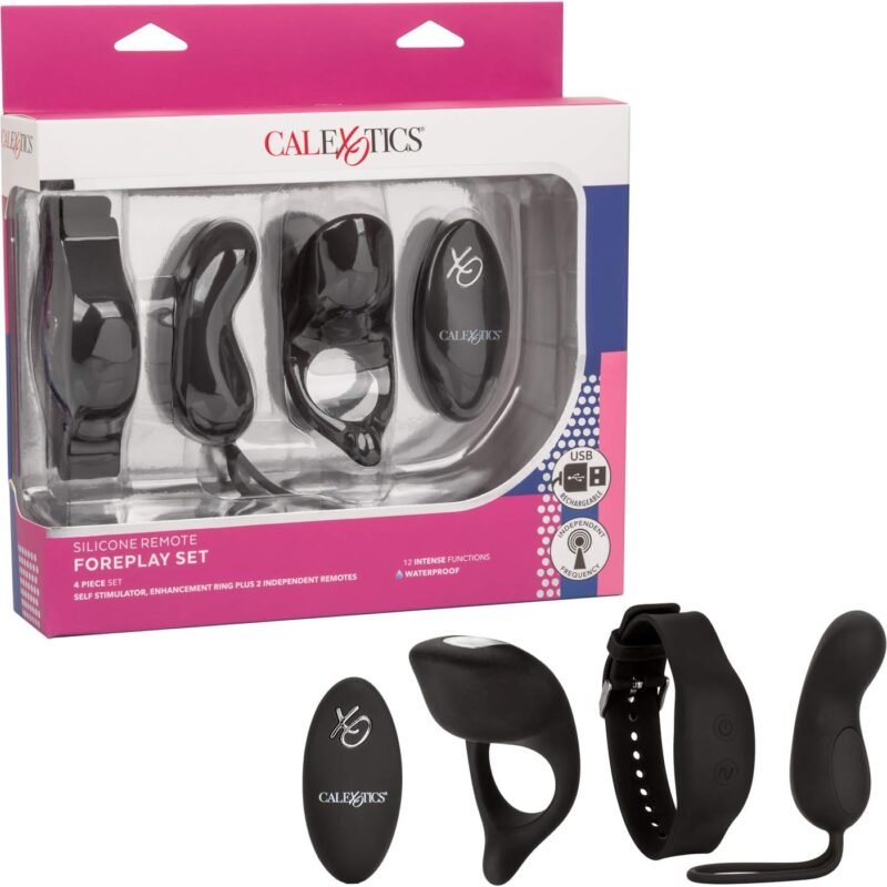 CalExotics Silicone Remote Foreplay Set, Rechargeable Waterproof 12-Function Cock Ring and Self Stimulator with 2 Independent Controls Black SE-0077-80-3