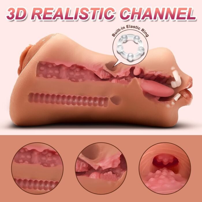 3 in 1 Pocket Pussy Male Masturbator - Adult Sex Toys for Men Penis Stimulation,Male Blowjob Stroker Toy with 3D Realistic Textured Tight Anus & Real Mouth for Man Masturbation Pleasure (Tan) - Image 2
