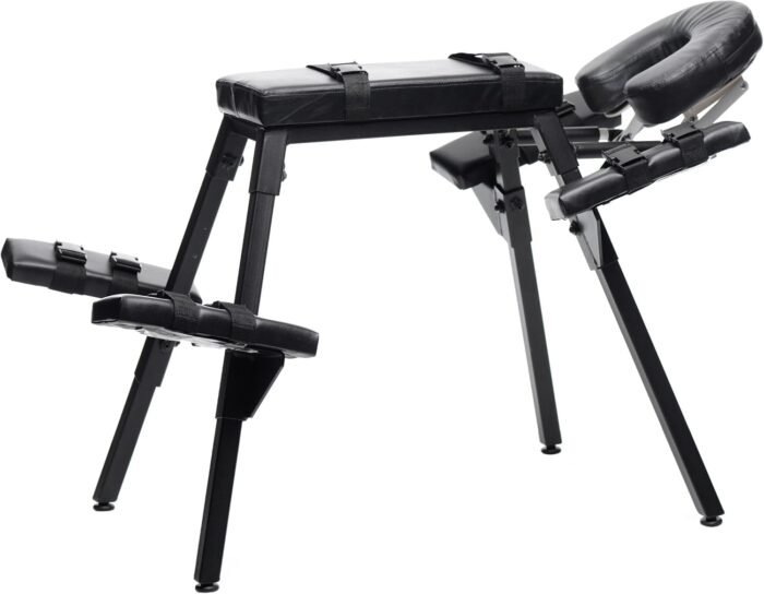 Master Series Extreme Bondage Table Adjustable Restraint Wrist Cuffs Included Sex Furniture Massage Bed with Face & Crotch Hole for Adult Couples, Padded PU Black Leather