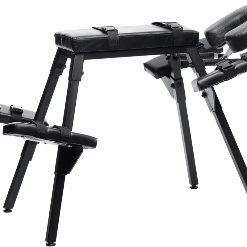 Master Series Extreme Bondage Table Adjustable Restraint Wrist Cuffs Included Sex Furniture Massage Bed with Face & Crotch Hole for Adult Couples, Padded PU Black Leather