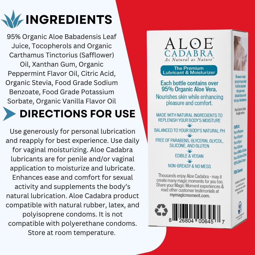 Aloe Cadabra Flavored Personal Lubricant and Vaginal Moisturizer, Organic Edible Aloe Lube for Men, Women and Couples, Non-Staining, pH Balanced, Toy Compatible (Peppermint, 2.5 Ounces, 1 Pack) - Image 2