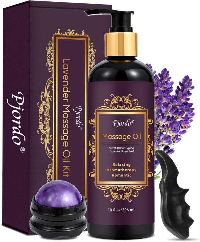 Aromatherapy Lavender Massage Oil with Massage Roller Ball & Thumb Saver Massager, Spa Massages Oil for Date Night, Massage Oil for Massage Therapy, Calming, Soothing, Relaxing, 10 Fl Oz