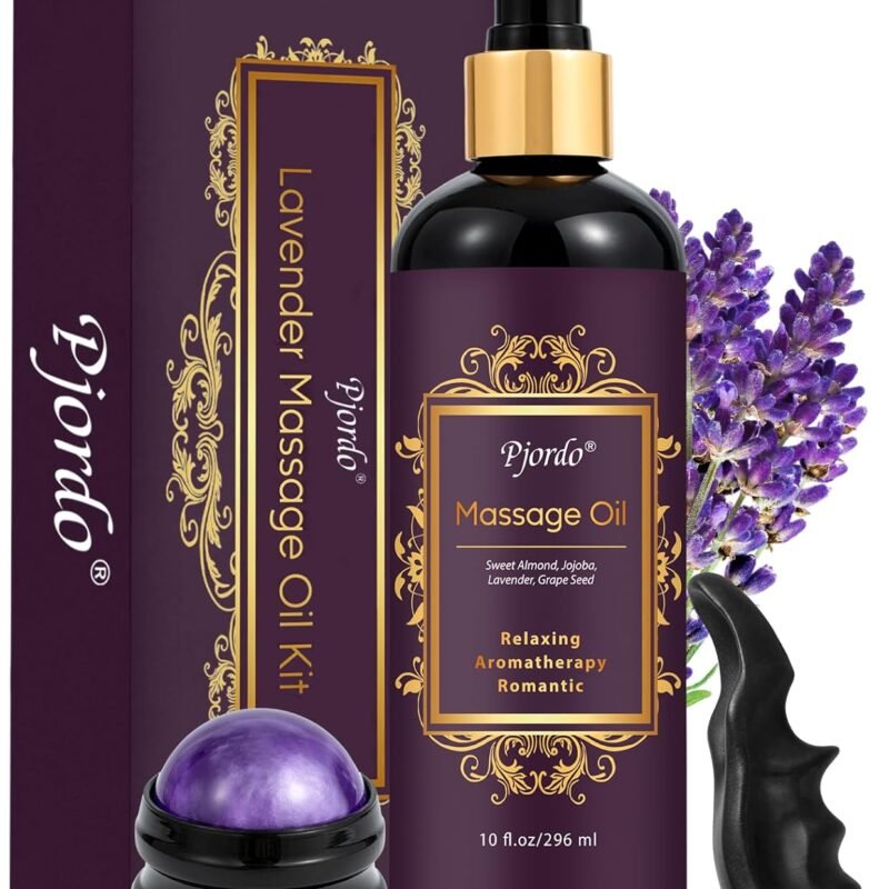 Aromatherapy Lavender Massage Oil with Massage Roller Ball & Thumb Saver Massager, Spa Massages Oil for Date Night, Massage Oil for Massage Therapy, Calming, Soothing, Relaxing, 10 Fl Oz